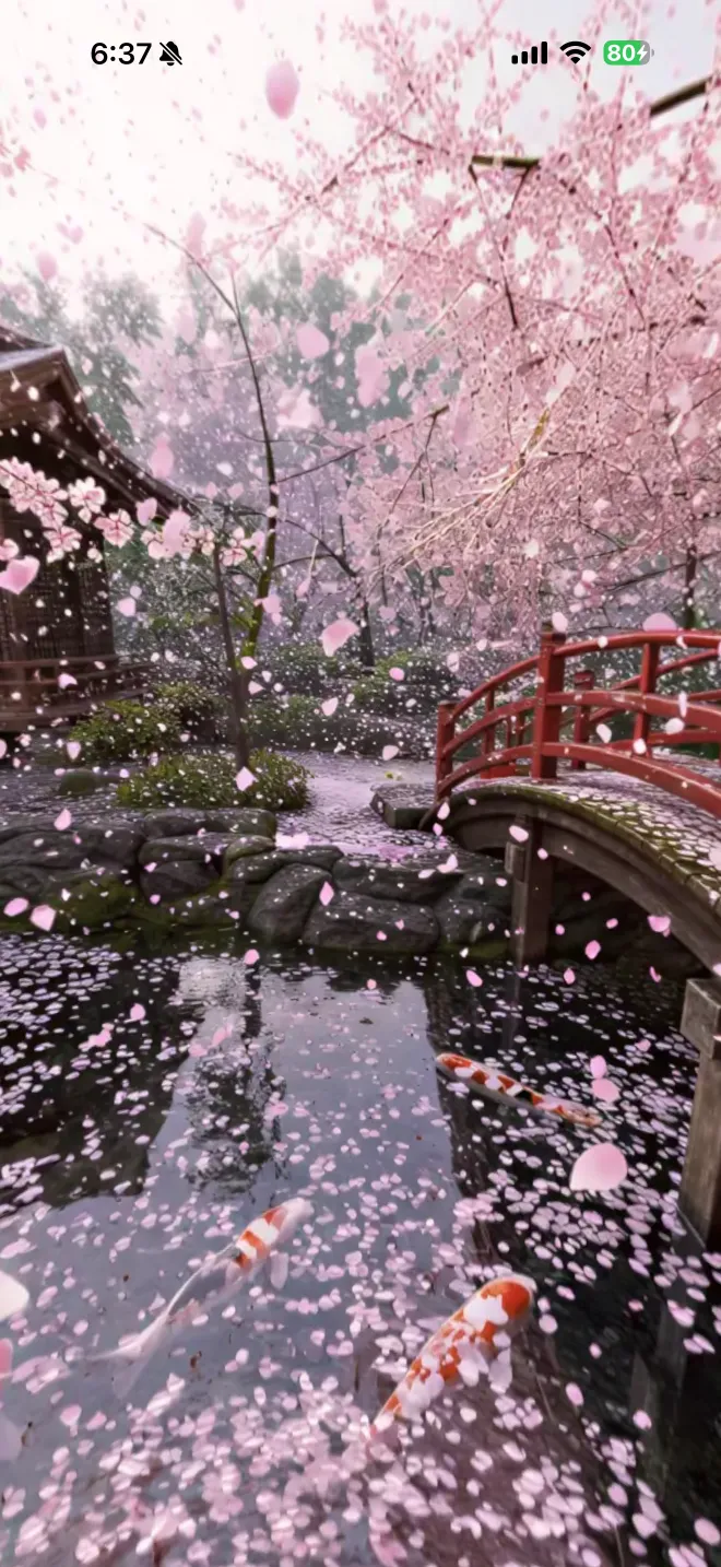 Cherry blossom garden with koi pond