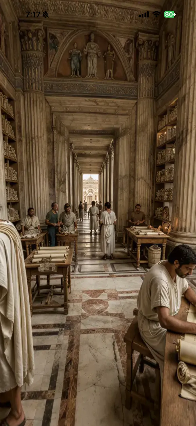 Ancient library with scholars