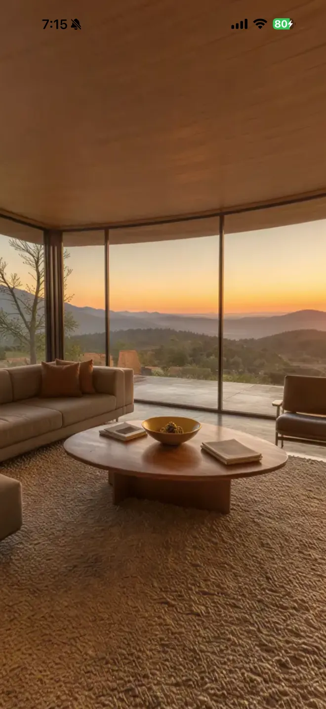 Mid-century modern living room overlooking mountains