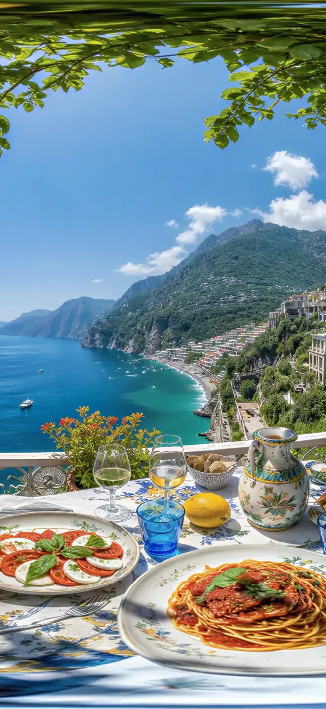Lunch on a terrace overlooking the Amalfi Coast